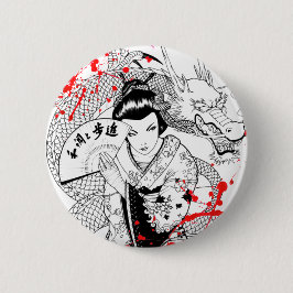 ファンのドラゴンの入れ墨を持つクールな血の（ばちゃばちゃ）跳ねるの芸者 缶バッジ