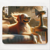 ファンの前に座っているゴールデンレトリバー マウスパッド (正面)