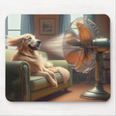 ファンの前に座っているゴールデンレトリバー マウスパッド (正面)