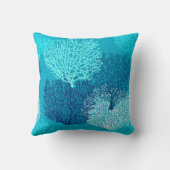 ファンの珊瑚のプリント、ターコイズ、水およびコバルトブルー クッション (裏面)