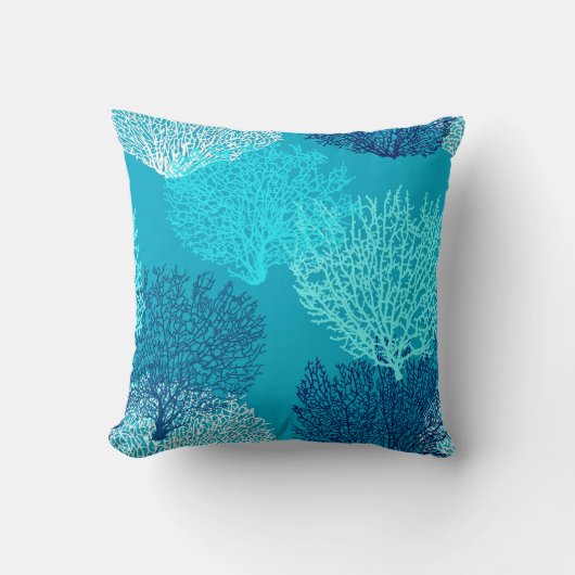 ファンの珊瑚のプリント、ターコイズ、水およびコバルトブルー クッション (正面)