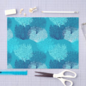 ファンの珊瑚のプリント、ターコイズ、水およびコバルトブルー 薄葉紙 (クラフト)