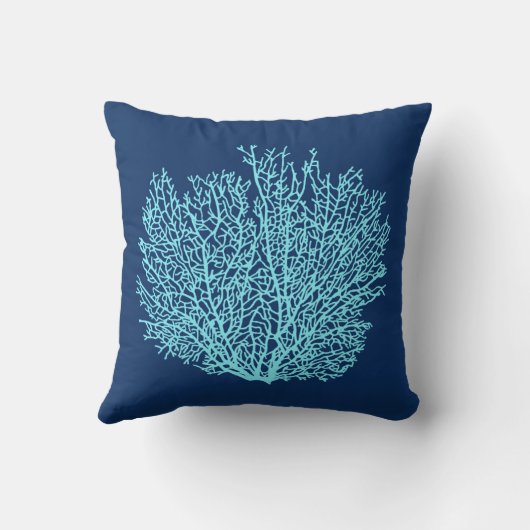 ファンの珊瑚のプリント、深いコバルトブルーの水 クッション (裏面)