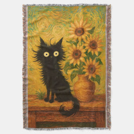 ファンインスパイアゴッホ黒猫&ひまわり芸術的 スローブランケット