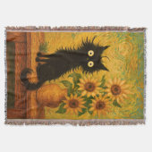 ファンインスパイアゴッホ黒猫&ひまわり芸術的 スローブランケット (正面)