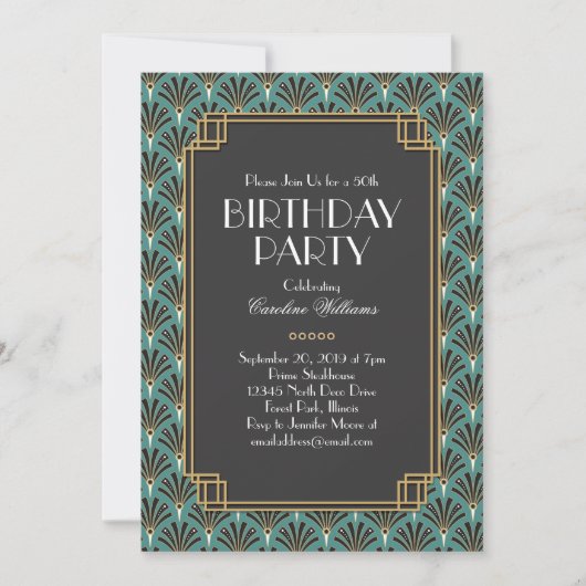 ファンエレガントアールデコ誕生日パーティーティール（緑がかった色） 招待状 (正面)