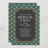 ファンエレガントアールデコ誕生日パーティーティール（緑がかった色） 招待状 (正面/裏面)
