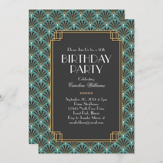 ファンエレガントアールデコ誕生日パーティーティール(緑がかった色) 招待状 (正面/裏面)