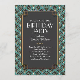 ファンエレガントアールデコ誕生日パーティーティール（緑がかった色） 招待状