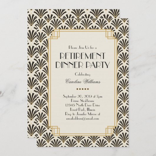 ファンエレガントアールデコ退職パーティークリーム 招待状 (正面/裏面)