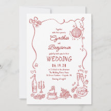 ファンキーで遊び心のある手描きのブルゴーニュ色のレトロな結婚式