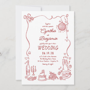 ファンキーで遊び心のある手描きのブルゴーニュ色のレトロな結婚式 招待状