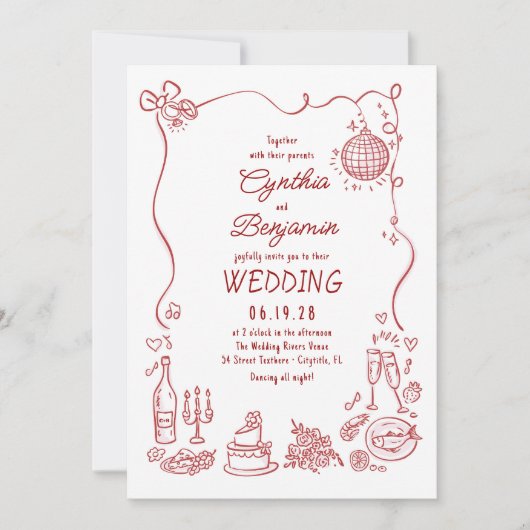 ファンキーで遊び心のある手描きのブルゴーニュ色のレトロな結婚式 招待状 (正面)