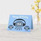 ファンキーで青いくらげDJの誕生日の挨拶状 カード (黄色い花)