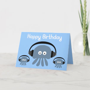 ファンキーで青いくらげDJの誕生日の挨拶状 カード