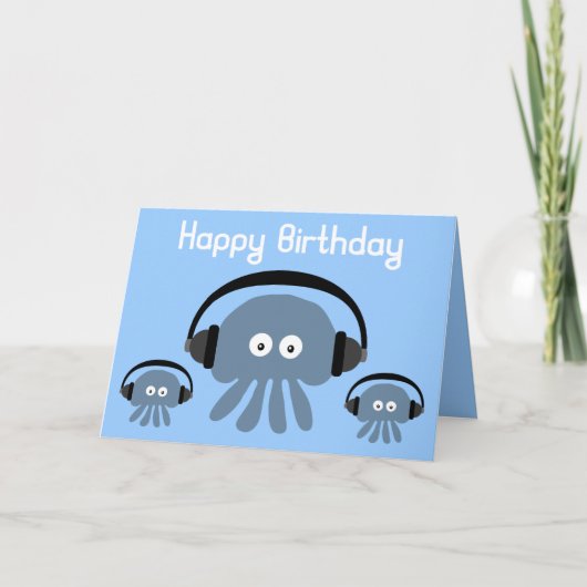 ファンキーで青いくらげDJの誕生日の挨拶状 カード (正面)