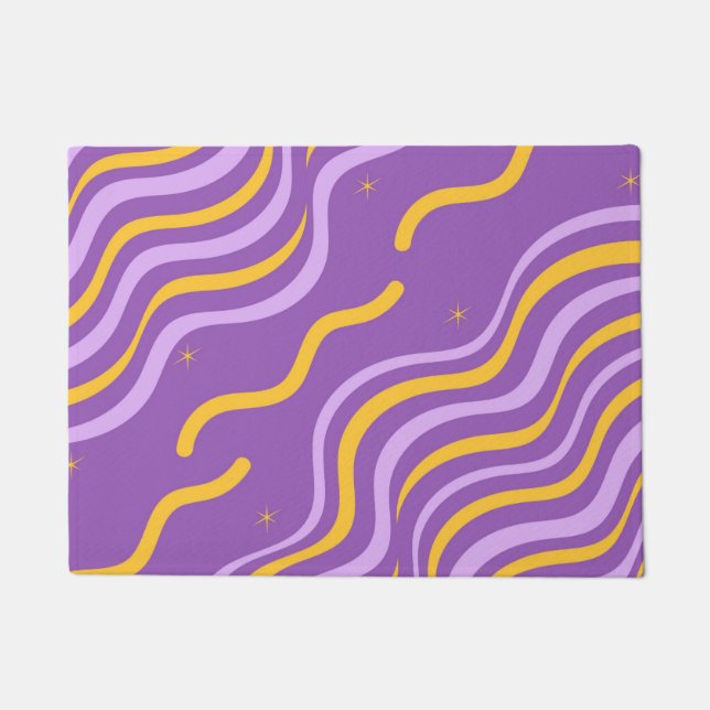 ファンキーなウェーブストライプの紫と黄色のミニマルな春のデザイン ドアマット (正面)