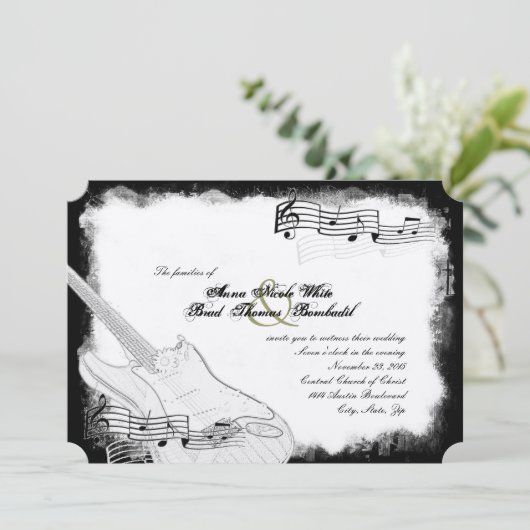 ファンキーなエレキギターの白黒音楽結婚式 招待状 (スタンド正面)
