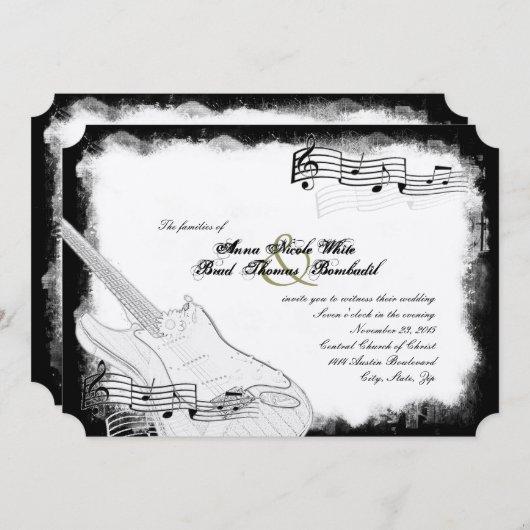 ファンキーなエレキギターの白黒音楽結婚式 招待状 (正面/裏面)