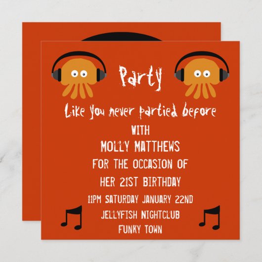 ファンキーなオレンジくらげDJはパーティを楽しみます 招待状 (正面/裏面)