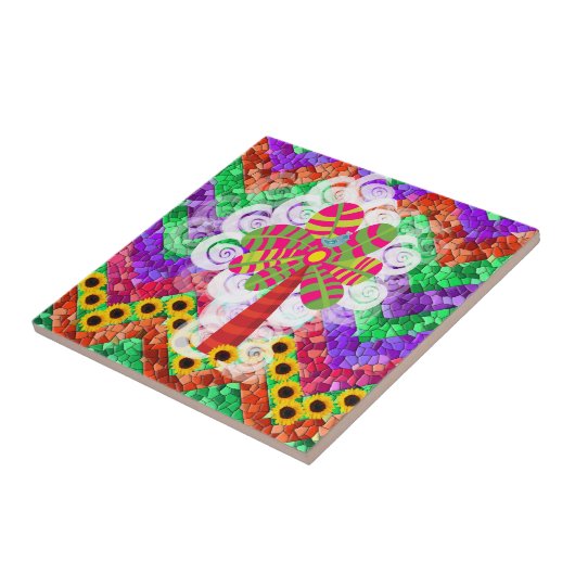 ファンキーなシェブロンのモザイク木の渦巻のヒマワリの夏 タイル (側面)