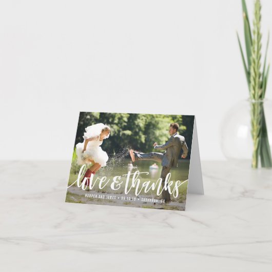 ファンキーなスクリプトの結婚式お礼フォトカード サンキューカード (正面)