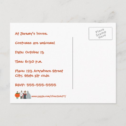 ファンキーなハロウィーンの衣装パーティーの招待状 インビテーションポストカード (裏面)