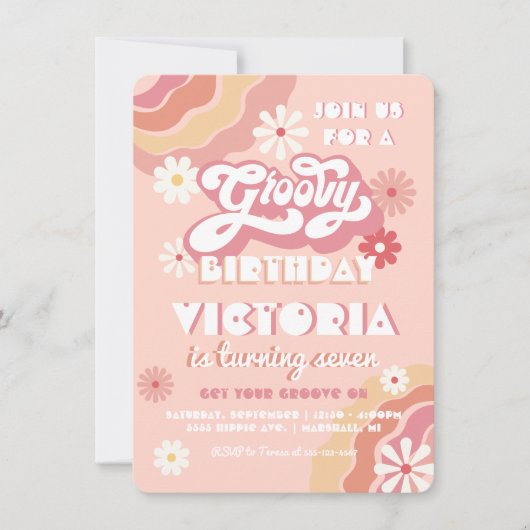 ファンキーなヒッピーの花の誕生日パーティー 招待状 (正面)