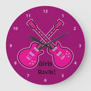 ファンキーなピンク及び黒いギターの女の子の石の時計 ラージ壁時計