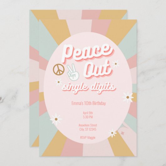 ファンキーなピースアウトレトロシングルディジット10歳の誕生日 招待状 (正面/裏面)