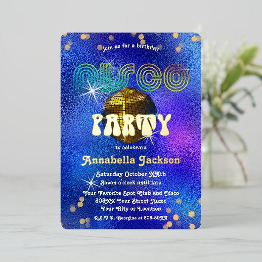 ファンキーなブルーのディスコパーティの虹と金 箔招待状 (立ち正面)