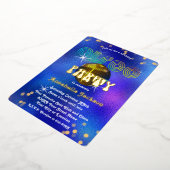 ファンキーなブルーのディスコパーティの虹と金 箔招待状 (回転した状態)