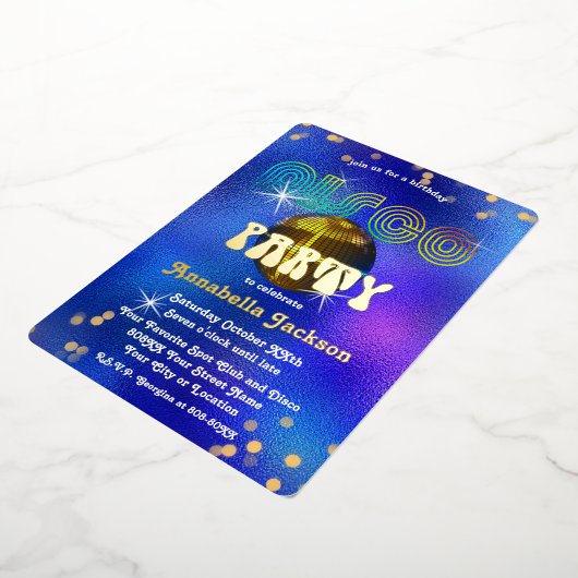 ファンキーなブルーのディスコパーティの虹と金 箔招待状 (回転した状態)