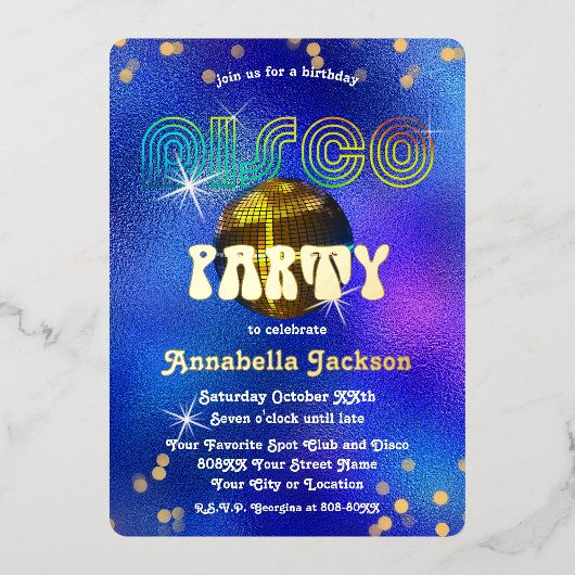 ファンキーなブルーのディスコパーティーの虹と金 箔招待状 (正面)