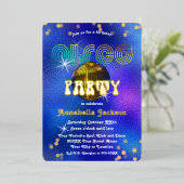 ファンキーなブルーのディスコパーティーの虹と金 箔招待状 (立ち正面)