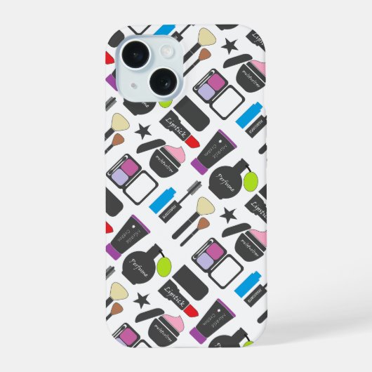 ファンキーなメイクアップコスメコラージュパターン iPhone 15ケース (裏面)