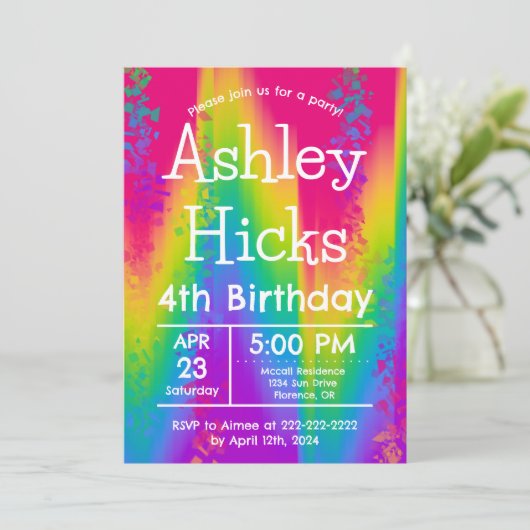 ファンキーなレインボータイダイ子供の誕生日パーティー 招待状 (スタンド正面)