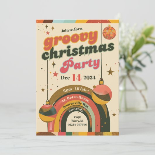 ファンキーなレトロクリスマスカード - 70年代風 招待状 (スタンド正面)