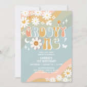 ファンキーなワンデイジーヒッピーの70年代レトロ1歳誕生日 招待状 (正面)