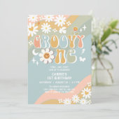 ファンキーなワンデイジーヒッピーの70年代レトロ1歳誕生日 招待状 (スタンド正面)