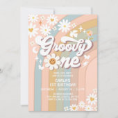 ファンキーなワン デイジー ヒッピーの70年代レトロ 1歳の誕生日 招待状 (正面)