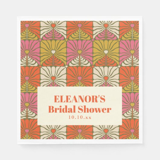 ファンキーなヴィンテージオレンジ花柄のウェディングシャワー名 スタンダードランチョンナプキン (正面)