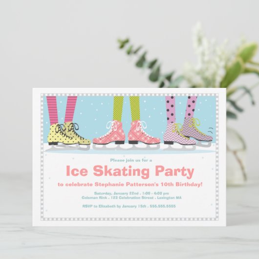 ファンキーな女の子のアイススケートの誕生会 招待状 (スタンド正面)