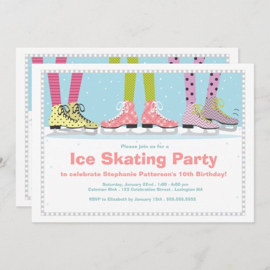 ファンキーな女の子のアイススケートの誕生会 招待状 (正面/裏面)