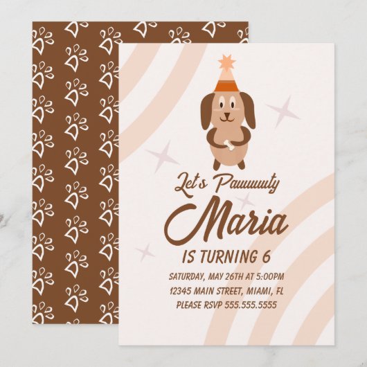 ファンキーな子犬の誕生日パーティー 招待状 (正面/裏面)