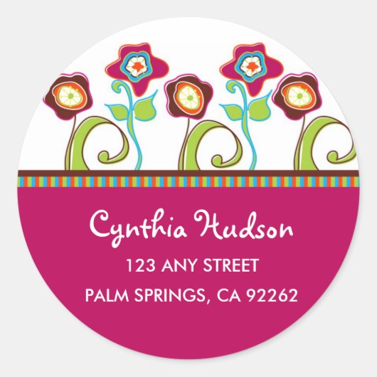ファンキーな花の住所ラベル ラウンドシール (正面)