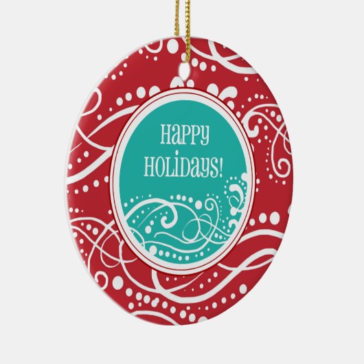 ファンキーな赤及びティール（緑がかった色）の渦巻のクリスマスオーナメント セラミックオーナメント (右)