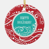 ファンキーな赤及びティール（緑がかった色）の渦巻のクリスマスオーナメント セラミックオーナメント (正面)