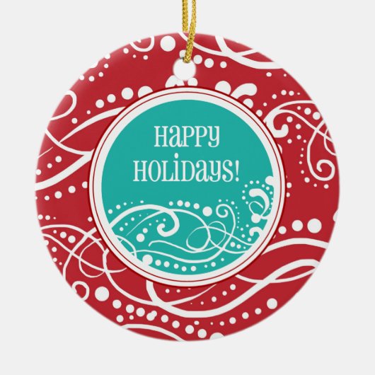ファンキーな赤及びティール(緑がかった色)の渦巻のクリスマスオーナメント セラミックオーナメント (正面)