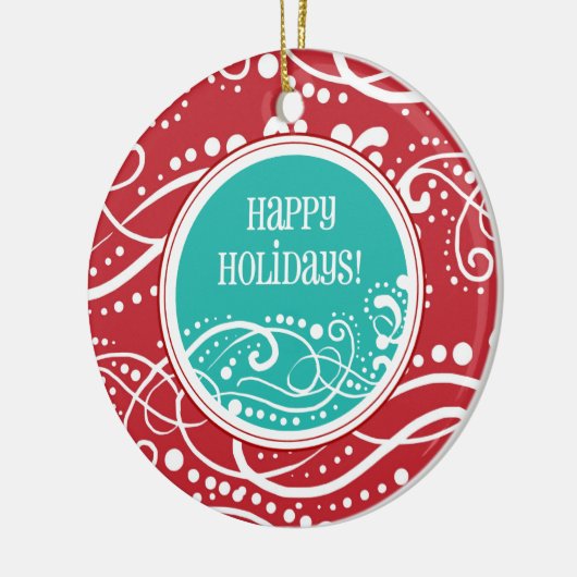 ファンキーな赤及びティール（緑がかった色）の渦巻のクリスマスオーナメント セラミックオーナメント (左)